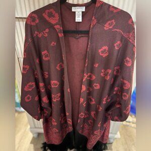 Catherines Red Floral Women's Cardigan with Black Fringe